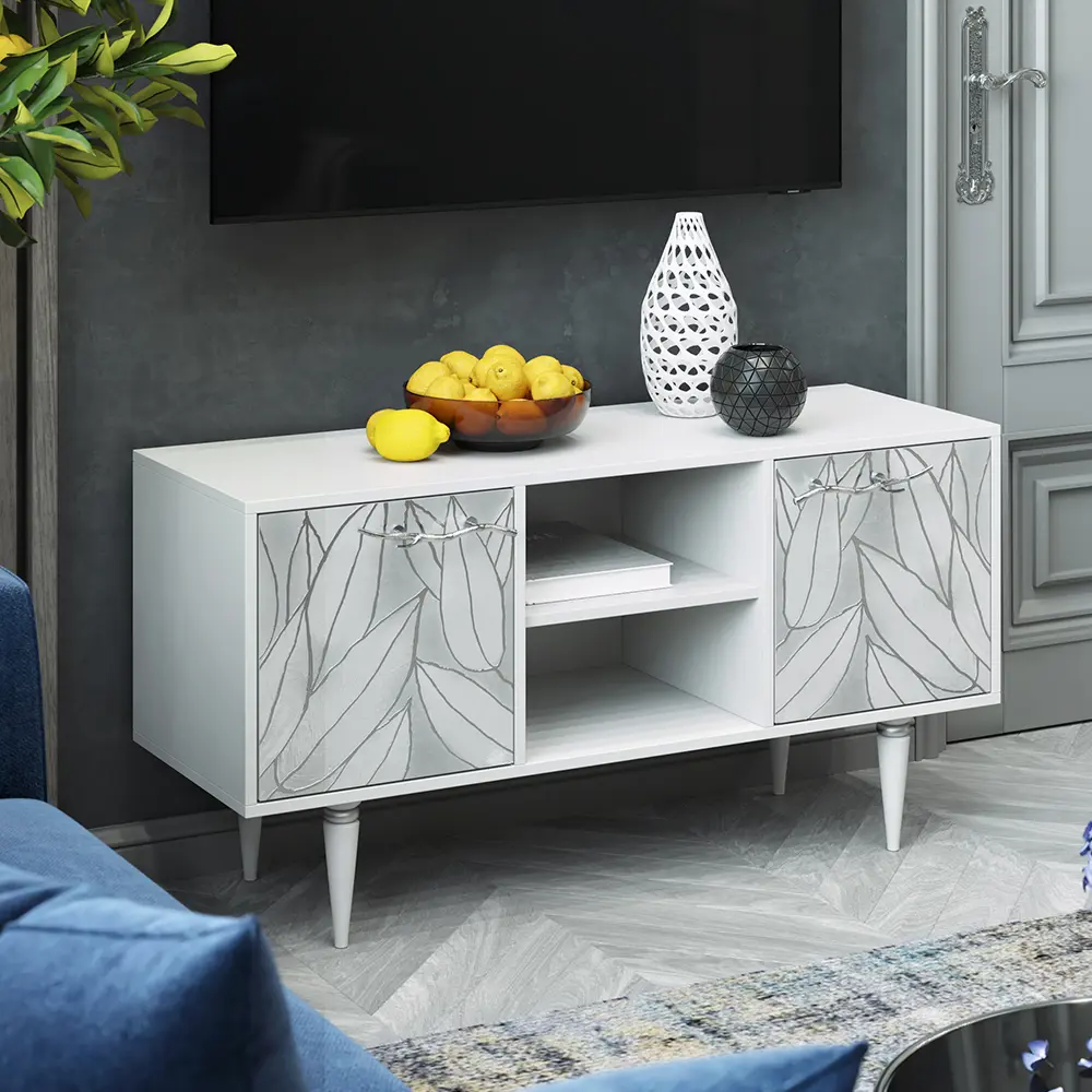 Фото 4 Тумба под телевизор Bogacho Классик 117x60x42 см МДФ с покрытием цвет белый/серебро Фото 4 Тумба под телевизор Bogacho Классик 117x60x42 см МДФ с покрытием цвет белый/серебро