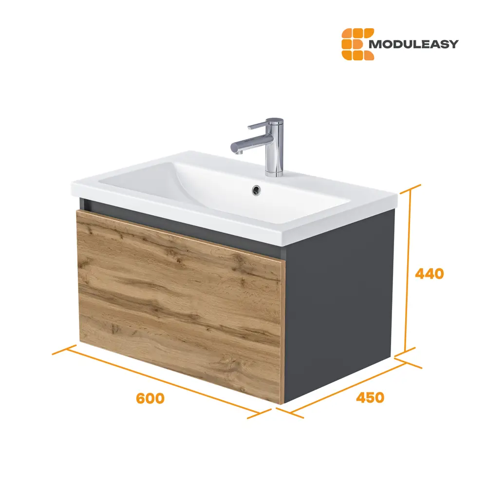 Фото 5 Тумба с раковиной в ванную подвесная Moduleasy Aroni 60x45 см цвет антрацит/дуб крафт золотой Фото 5 Тумба с раковиной в ванную подвесная Moduleasy Aroni 60x45 см цвет антрацит/дуб крафт золотой