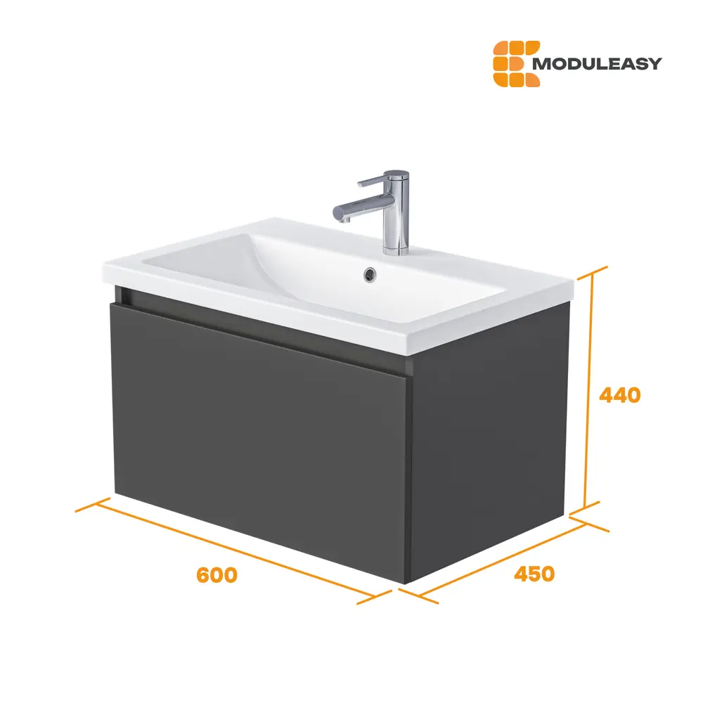 Фото 5 Тумба с раковиной в ванную подвесная Moduleasy Aroni 60x45 см цвет антрацит/монолит дарк Фото 5 Тумба с раковиной в ванную подвесная Moduleasy Aroni 60x45 см цвет антрацит/монолит дарк