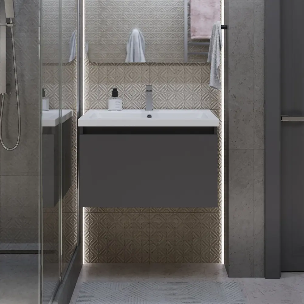 Фото 7 Тумба с раковиной в ванную подвесная Moduleasy Aroni 60x45 см цвет антрацит/монолит дарк Фото 7 Тумба с раковиной в ванную подвесная Moduleasy Aroni 60x45 см цвет антрацит/монолит дарк