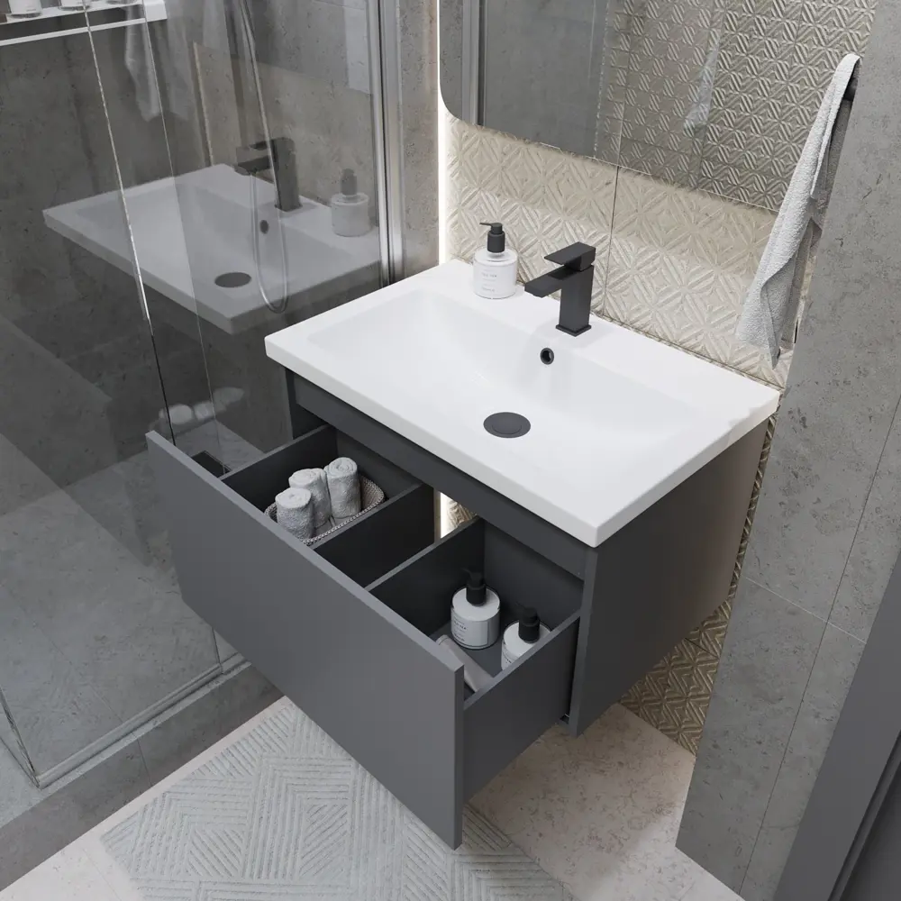 Фото 6 Тумба с раковиной в ванную подвесная Moduleasy Aroni 60x45 см цвет антрацит/монолит дарк Фото 6 Тумба с раковиной в ванную подвесная Moduleasy Aroni 60x45 см цвет антрацит/монолит дарк