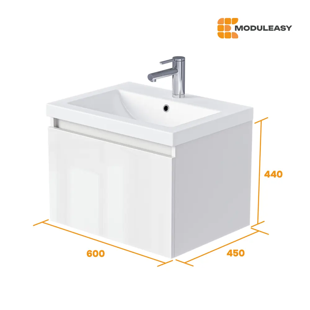 Фото 5 Тумба с раковиной в ванную подвесная Moduleasy Aroni 60x45 см цвет белая аляска/белый глянец