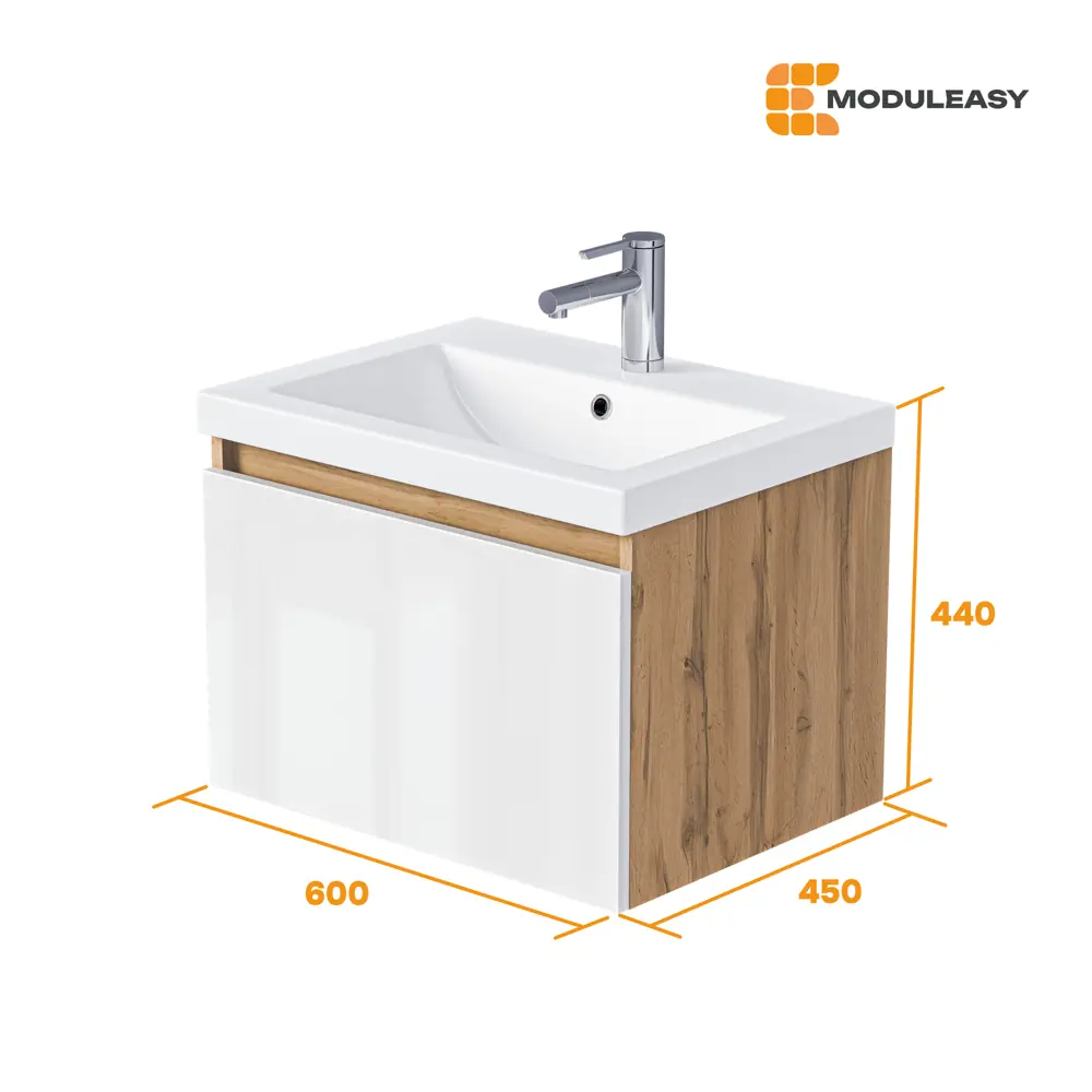 Фото 5 Тумба с раковиной в ванную подвесная Moduleasy Aroni 60x45 см цвет дуб Вотан/белый глянец Фото 5 Тумба с раковиной в ванную подвесная Moduleasy Aroni 60x45 см цвет дуб Вотан/белый глянец