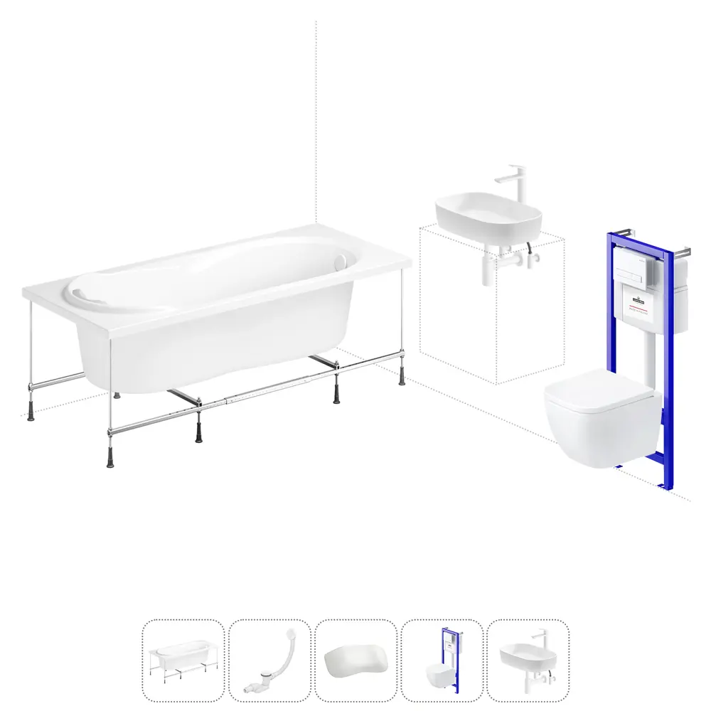 Фото Ванна Lavinia Boho Bristol 20221343R 160x75 см акриловая с подвесным унитазом, инсталляцией и раковиной в комплекте