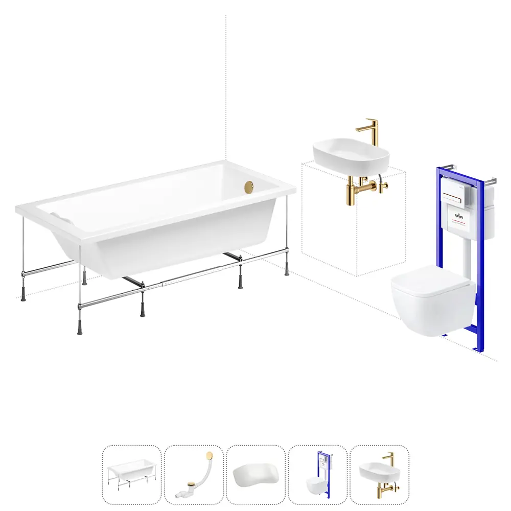 Фото Ванна Lavinia Boho Evan 20221293R 180x80 см акриловая с подвесным унитазом, инсталляцией и раковиной в комплекте