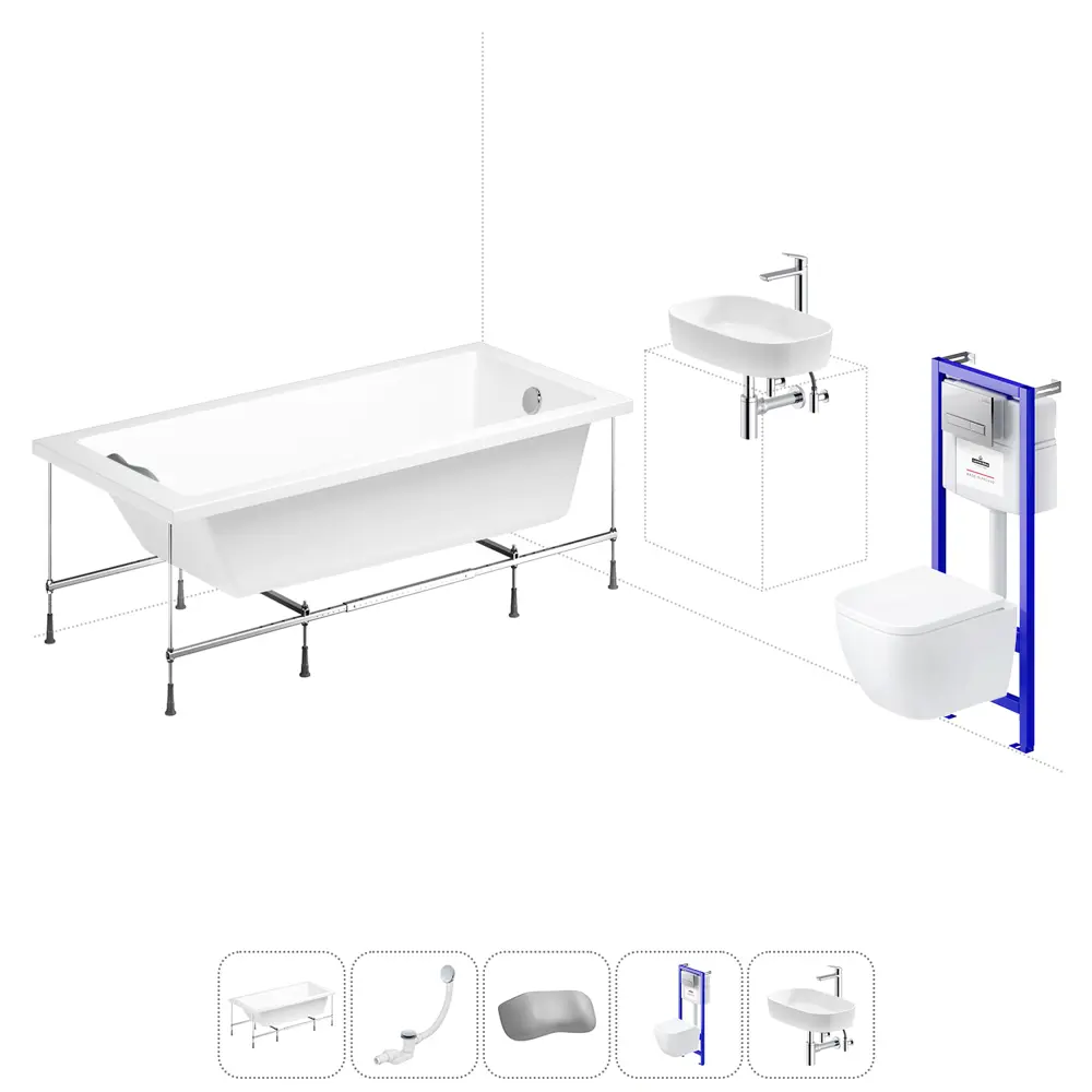 Фото Ванна Lavinia Boho Evan 20221298R 190x90 см акриловая с подвесным унитазом, инсталляцией и раковиной в комплекте