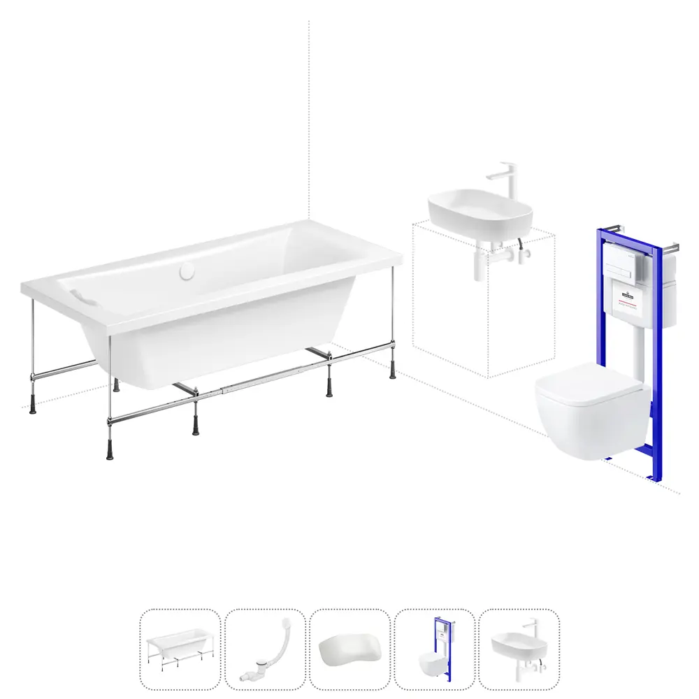 Фото Ванна Lavinia Boho Evan 20221303R 200x90 см акриловая с подвесным унитазом, инсталляцией и раковиной в комплекте