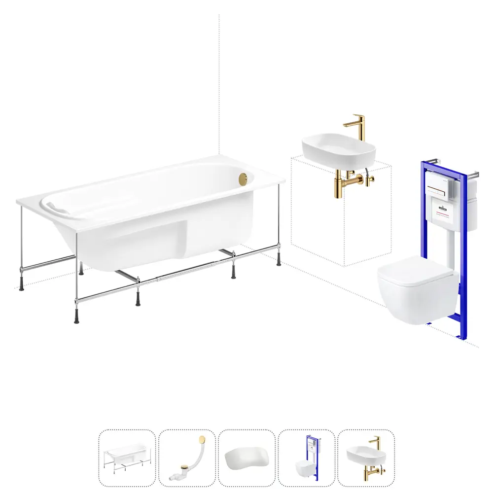 Фото Ванна угловая Lavinia Boho Bell Pro 20221361R правая 140x95 см акриловая с подвесным унитазом, инсталляцией и раковиной в комплекте