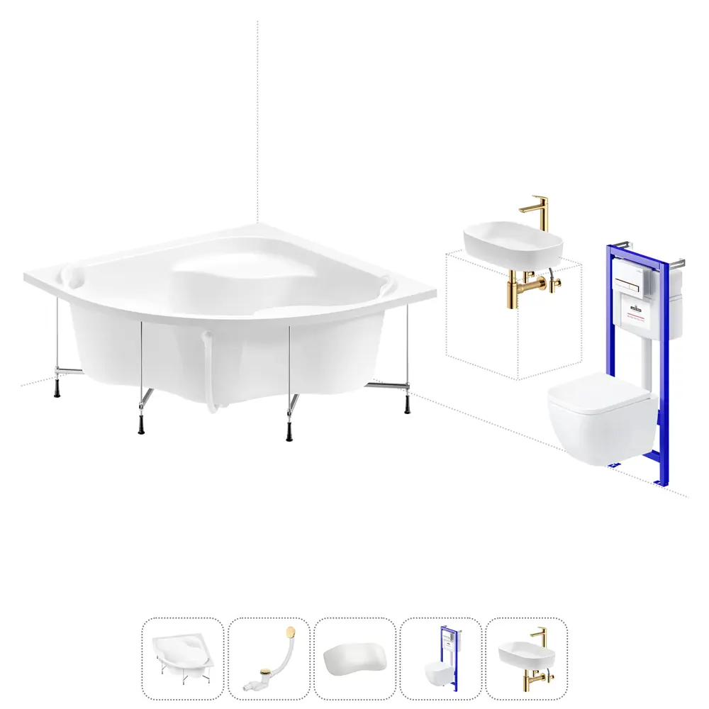 Фото Ванна угловая Lavinia Boho Aveo 20221392R акриловая 140x140 с каркасом, подвесным унитазом, инсталляцией и раковиной