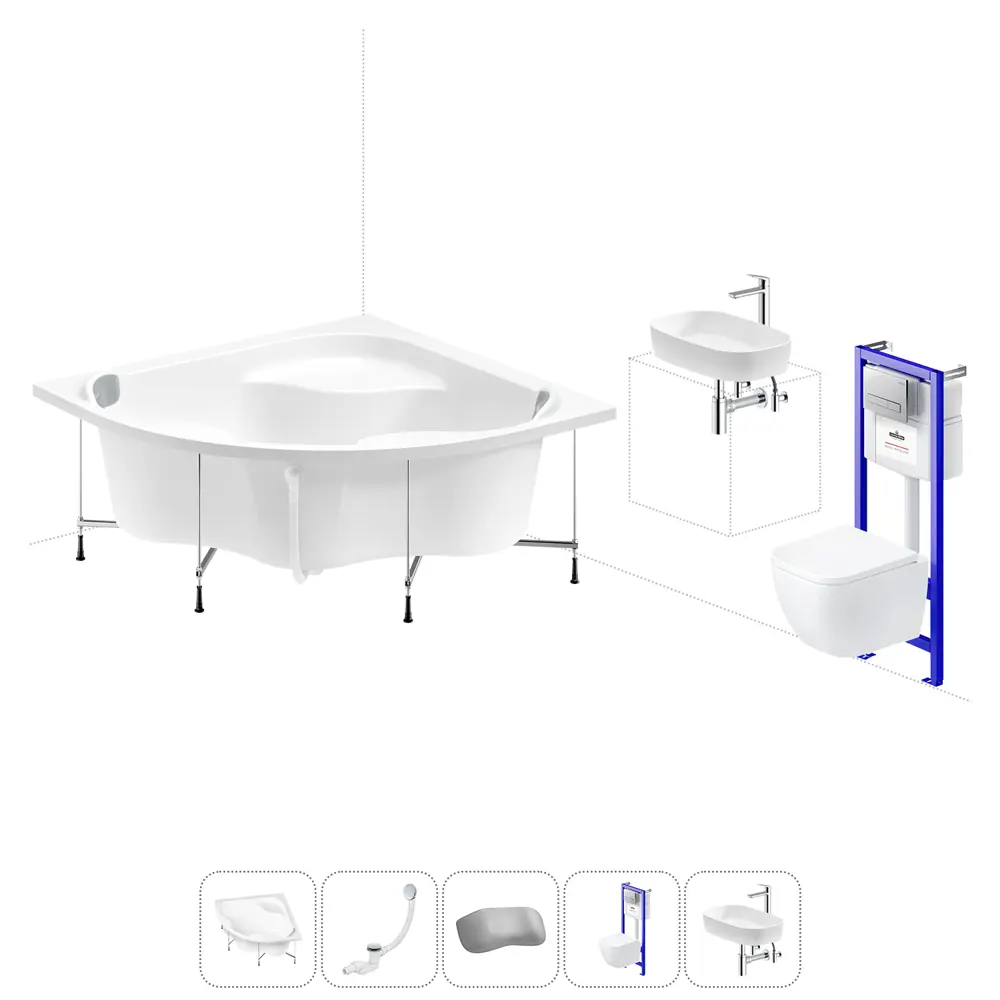 Фото Ванна угловая Lavinia Boho Aveo 20221393R акриловая 150x150 с каркасом, подвесным унитазом, инсталляцией и раковиной в комплекте