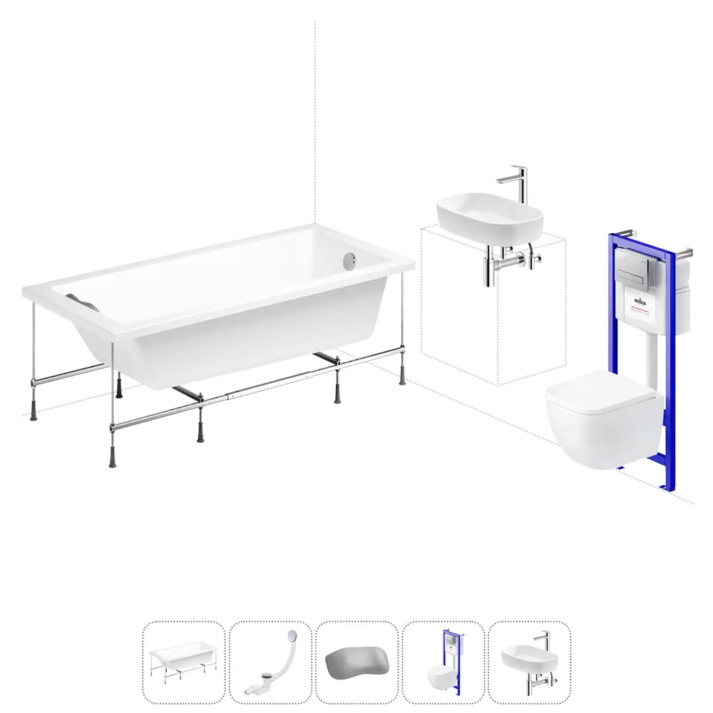 Фото Ванна Lavinia Boho Biore 20221258R 170x70 см акриловая с подвесным унитазом, инсталляцией и раковиной в комплекте