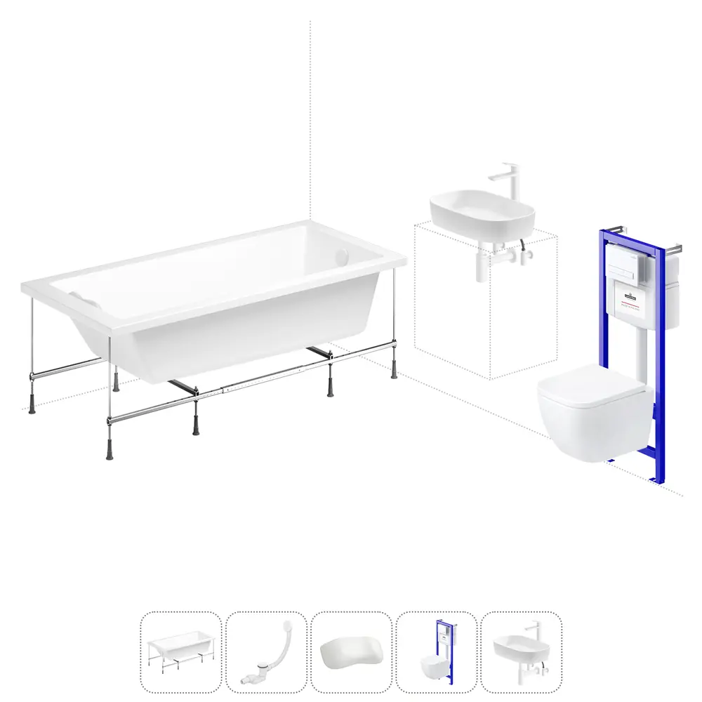 Фото Ванна Lavinia Boho Evan 20221291R 170x75 см акриловая с подвесным унитазом, инсталляцией и раковиной в комплекте