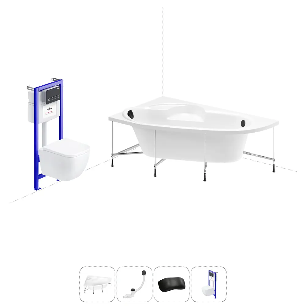 Фото Ванна угловая Lavinia Boho Aveo 20221212R 150x150 см акриловая с подвесным унитазом и инсталляцией