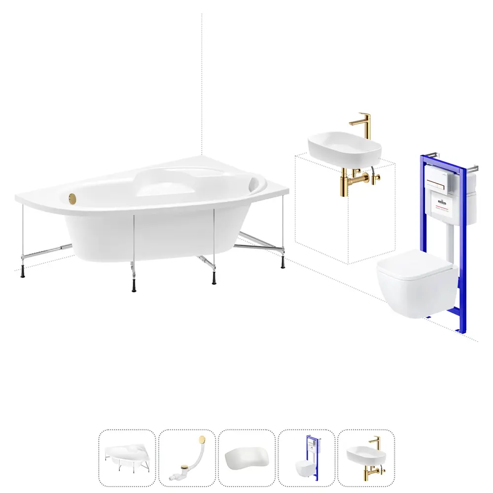 Фото Ванна угловая Lavinia Boho Aveo 20221393R 150x150 см акриловая с подвесным унитазом, инсталляцией и раковиной в комплекте