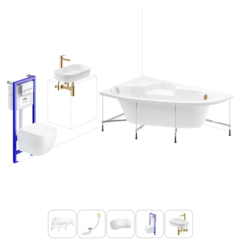 Фото Ванна угловая Lavinia Boho Bell Pro 20221381R левая 170x110 см акриловая с подвесным унитазом, инсталляцией и раковиной в комплекте