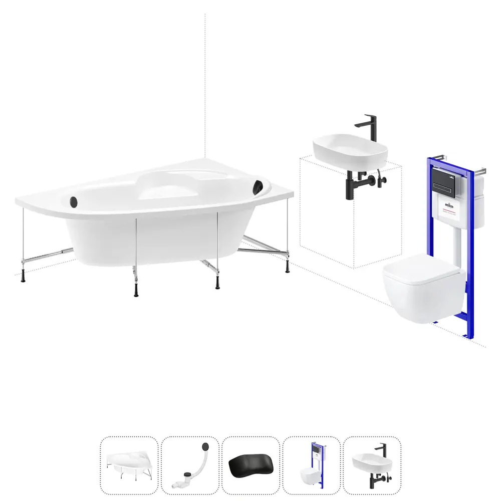 Фото Ванна угловая Lavinia Boho Elegant 20221400R 140x140 см акриловая с подвесным унитазом, инсталляцией и раковиной в комплекте