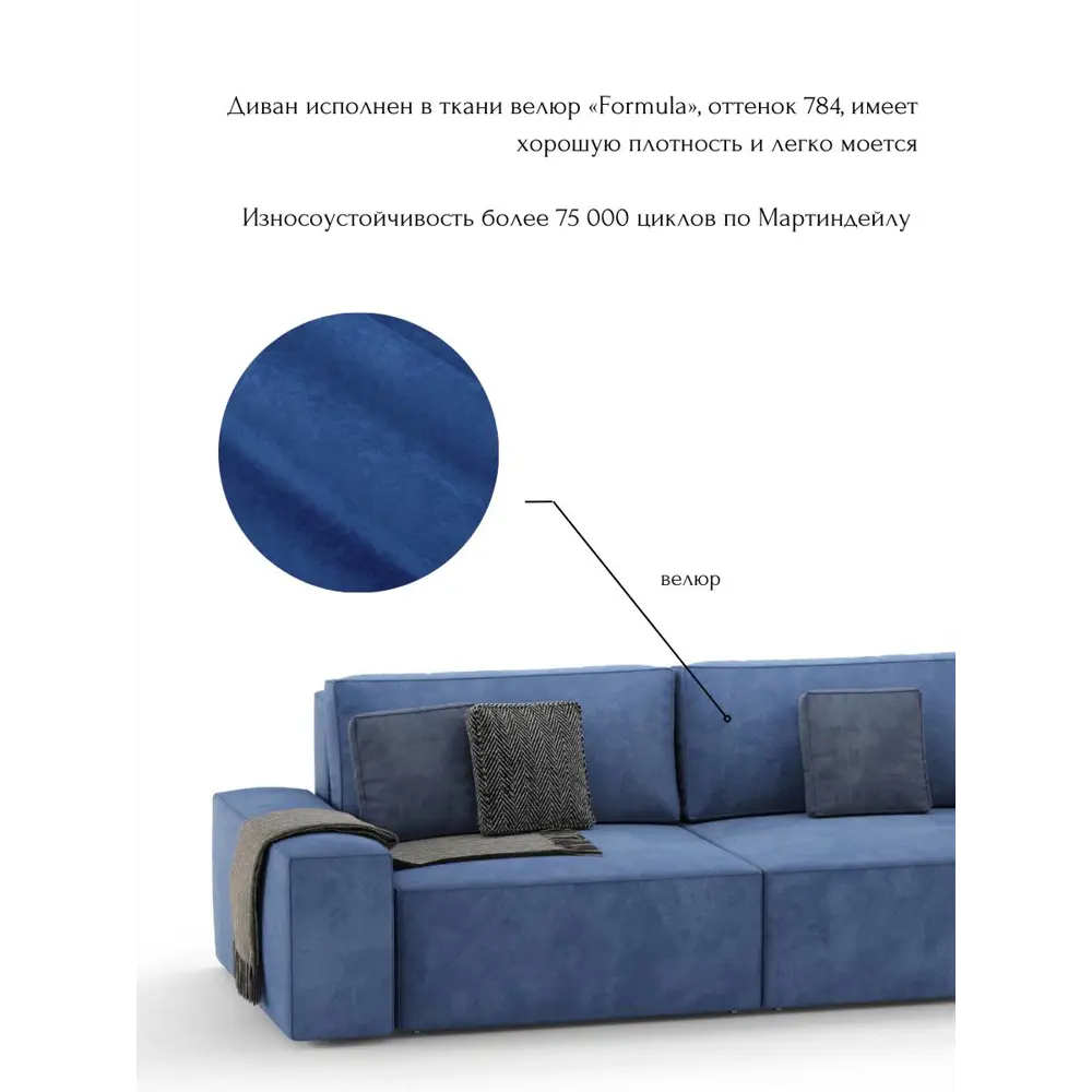 Фото 3 Диван раскладной Mebelroom Формула 250x80x100 см велюр цвет синий Фото 3 Диван раскладной Mebelroom Формула 250x80x100 см велюр цвет синий