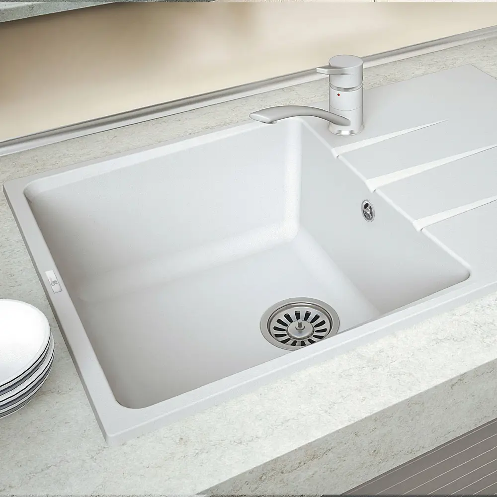 Фото Мойка для кухни врезная с крылом Delinia LM1 50x78 см глубина чаши 20 см кварц цвет белый Фото Мойка для кухни врезная с крылом Delinia LM1 50x78 см глубина чаши 20 см кварц цвет белый