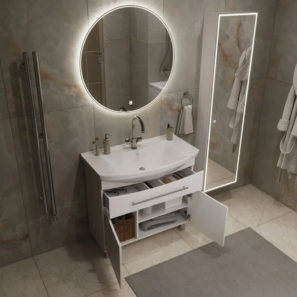 Фото 7 Тумба с раковиной в ванную ModuLeasy Lea New 85x50 см напольная цвет белый глянец Фото 7 Тумба с раковиной в ванную ModuLeasy Lea New 85x50 см напольная цвет белый глянец