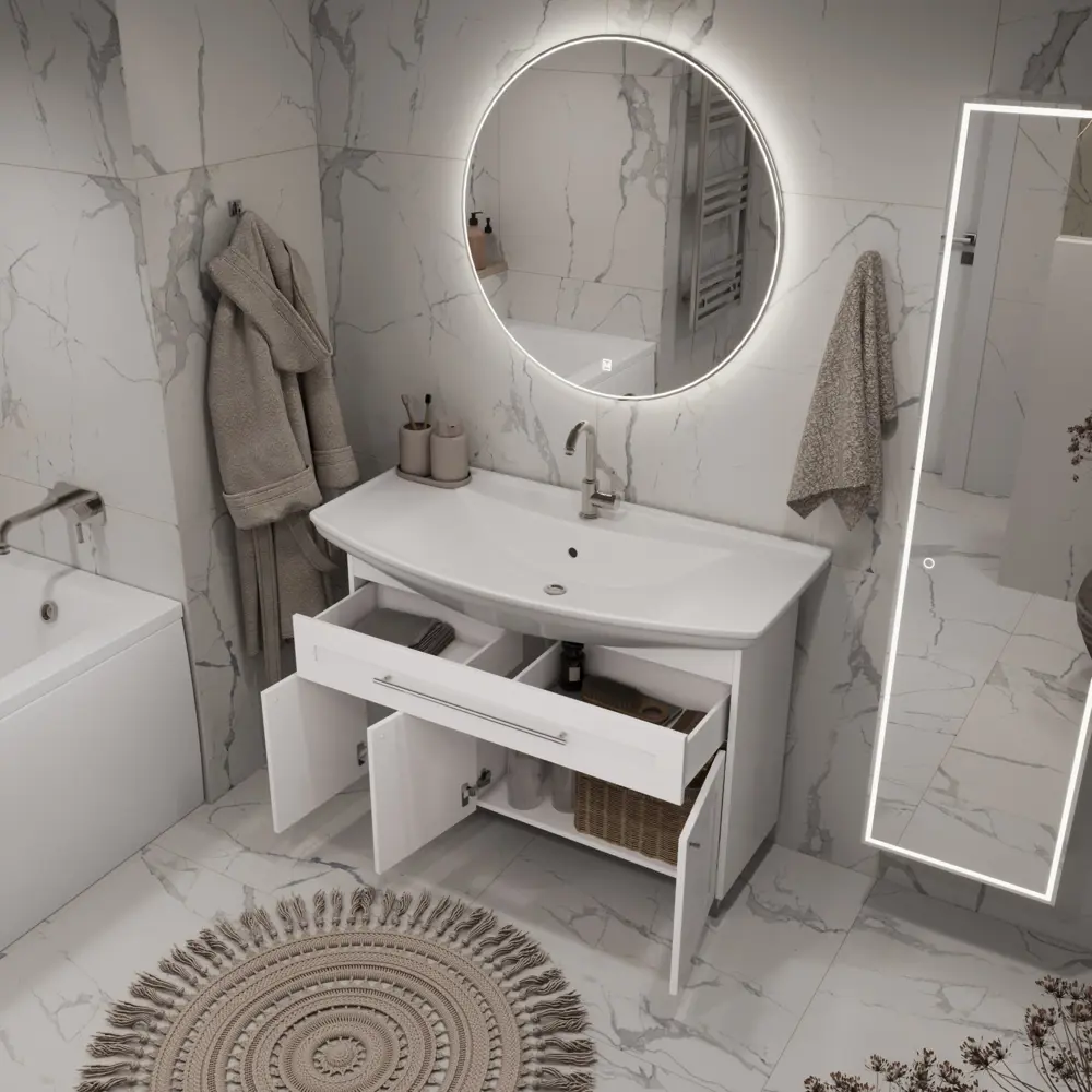 Фото 7 Тумба с раковиной в ванную ModuLeasy Lea Classic 105x50 см напольная цвет белый глянец Фото 7 Тумба с раковиной в ванную ModuLeasy Lea Classic 105x50 см напольная цвет белый глянец