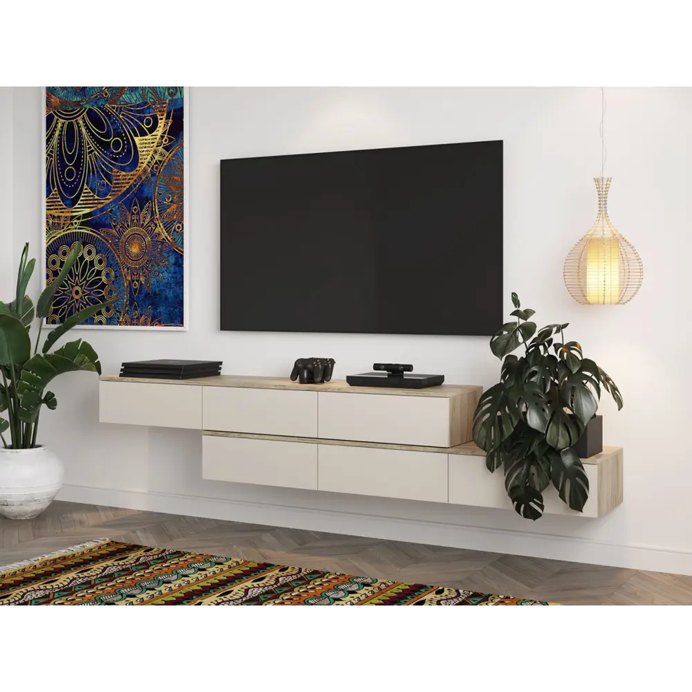 Фото 3 Тумба под телевизор Мк стиль 187754 163.4x20x35 см ЛДСП цвет серый/бежевый Фото 3 Тумба под телевизор Мк стиль 187754 163.4x20x35 см ЛДСП цвет серый/бежевый