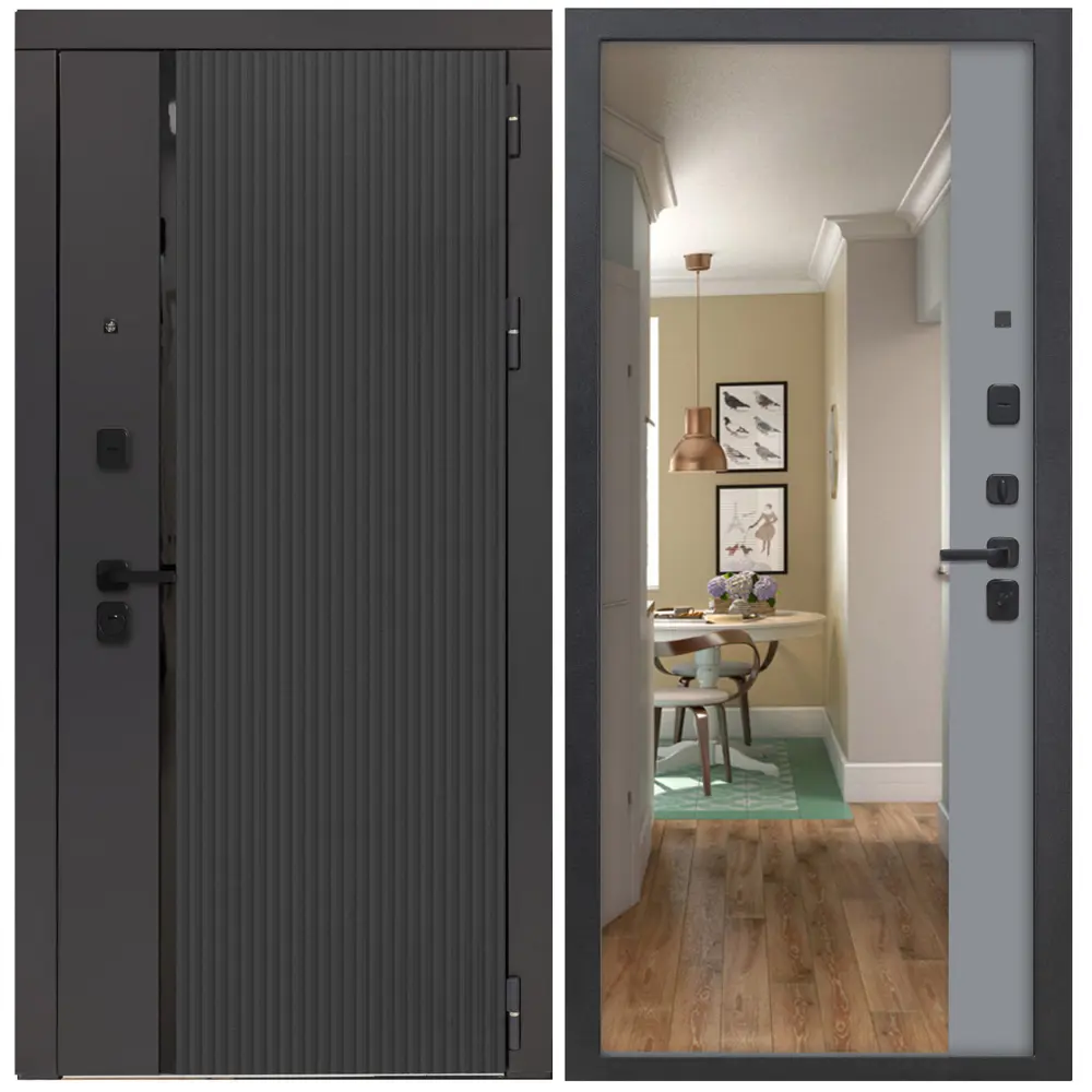 Фото 9 Входная дверь Дверипро 3K L-1009/ФЛЗ-23 правый 205x96см цвет черная шагрень/velluto grigio с зеркалом