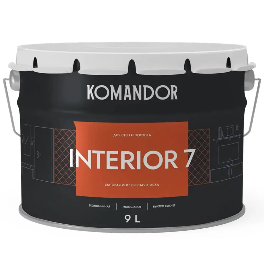 Фото Краска для стен и потолков Komandor Interior 7 цвет белый база А 9 л