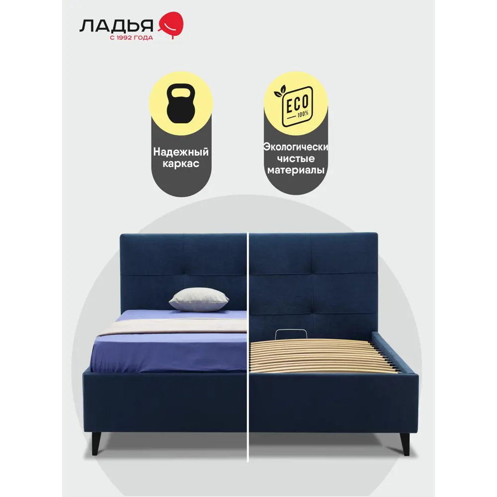 Фото 3 Кровать Ладья Айлен 190x112x213 см велюр подъемный механизм цвет синий