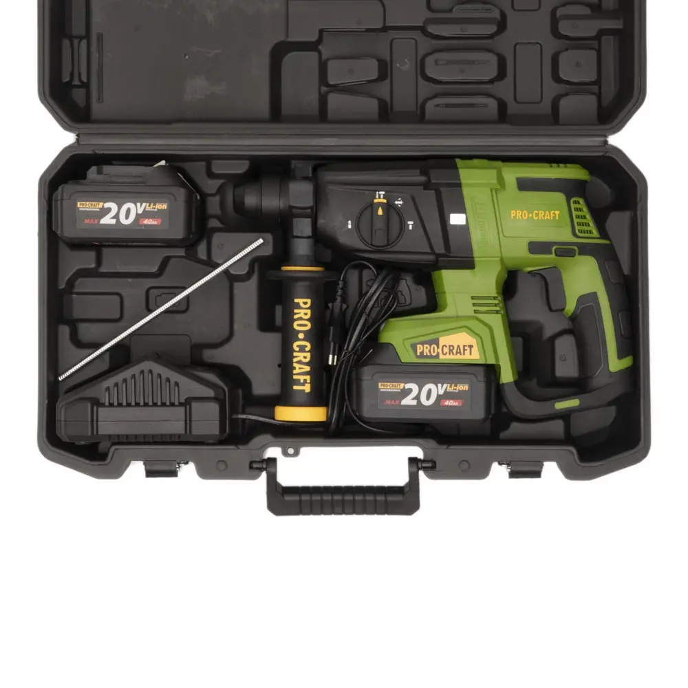 Фото 7 Перфоратор аккумуляторный бесщеточный SDS Plus Procraft PHA40, 20 В Li-Ion 2x4 Ач, 2.6 Дж Фото 7 Перфоратор аккумуляторный бесщеточный SDS Plus Procraft PHA40, 20 В Li-Ion 2x4 Ач, 2.6 Дж
