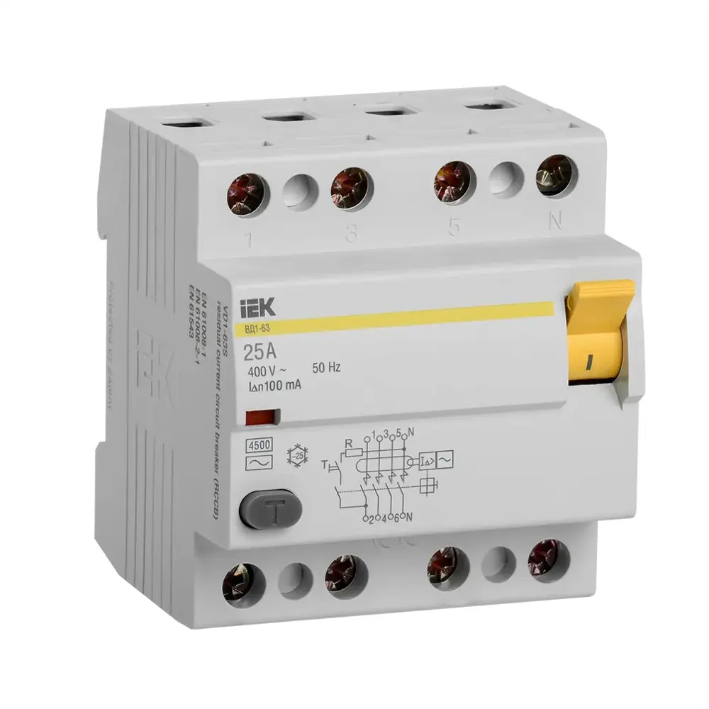 Фото УЗО Iek ВД1-63 4P 25 А 100 мА AC MDV10-4-025-100 Фото УЗО Iek ВД1-63 4P 25 А 100 мА AC MDV10-4-025-100
