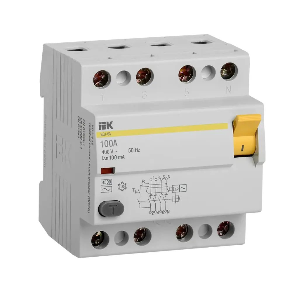 Фото УЗО Iek ВД1-63 4P C100 А 100 мА AC MDV10-4-100-100 Фото УЗО Iek ВД1-63 4P C100 А 100 мА AC MDV10-4-100-100