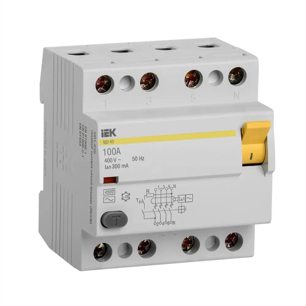 Фото УЗО Iek ВД1-63 4P 100 А 300 мА AC MDV10-4-100-300 Фото УЗО Iek ВД1-63 4P 100 А 300 мА AC MDV10-4-100-300