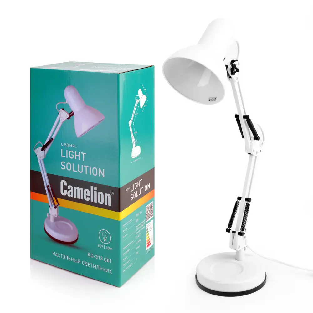 Фото Рабочая лампа настольная Camelion 13639 Light Solution E27 цвет белый Фото Рабочая лампа настольная Camelion 13639 Light Solution E27 цвет белый