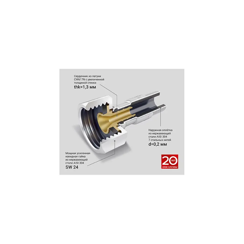Фото 4 Гибкая подводка для воды Profactor Luxe 1/2"x1/2" гайка-штуцер 80 см 1 шт Фото 4 Гибкая подводка для воды Profactor Luxe 1/2"x1/2" гайка-штуцер 80 см 1 шт