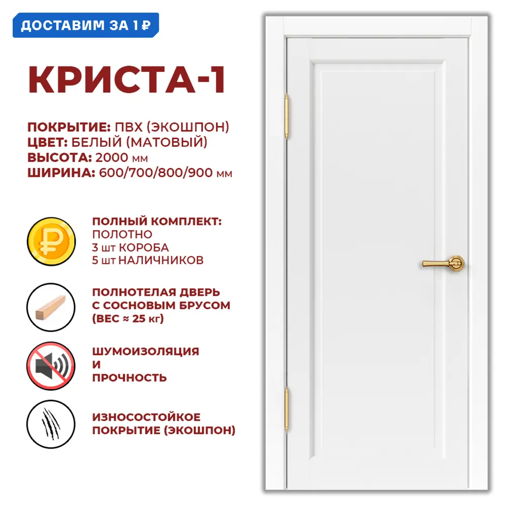 Фото Комплект межкомнатной двери Дверные решения Криста-1 глухая 200x80см ПВХ цвет белый с коробом и наличниками