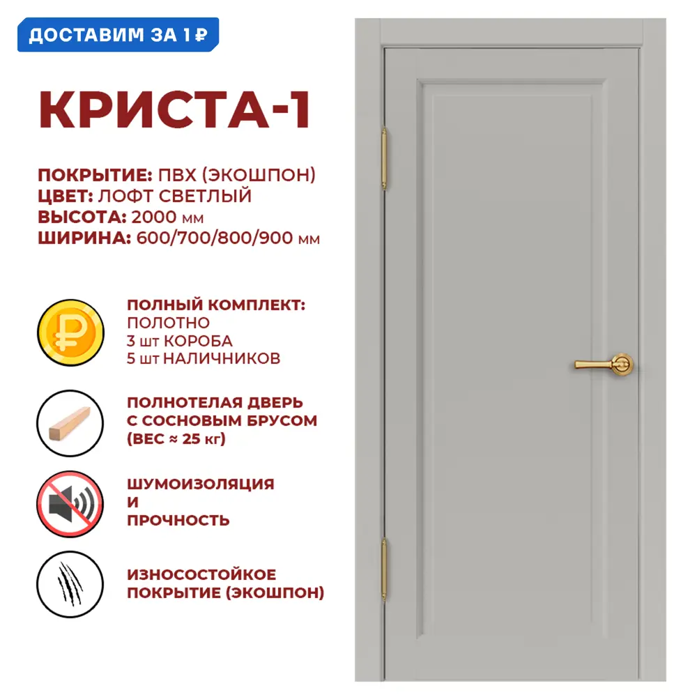 Фото Комплект межкомнатной двери Дверные решения Криста-1 глухая 200x60см ПВХ цвет лофт светлый с коробом и наличниками