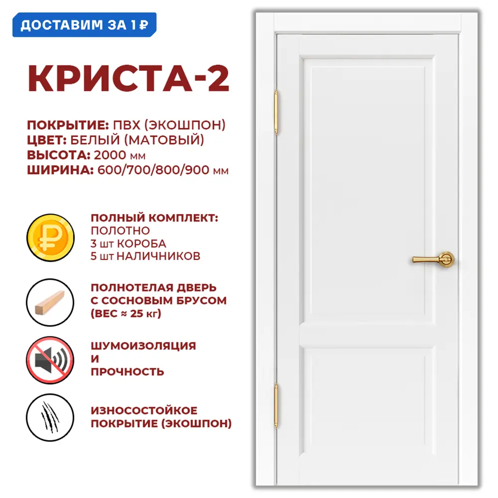 Фото Комплект межкомнатной двери Дверные решения Криста-2 глухая 200x70см ПВХ цвет белый с коробом и наличниками Фото Комплект межкомнатной двери Дверные решения Криста-2 глухая 200x70см ПВХ цвет белый с коробом и наличниками