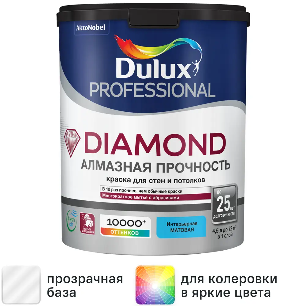 Фото Краска для стен и потолков Dulux Professional Diamond Matt матовая база BC прозрачная 4.5 л Фото Краска для стен и потолков Dulux Professional Diamond Matt матовая база BC прозрачная 4.5 л