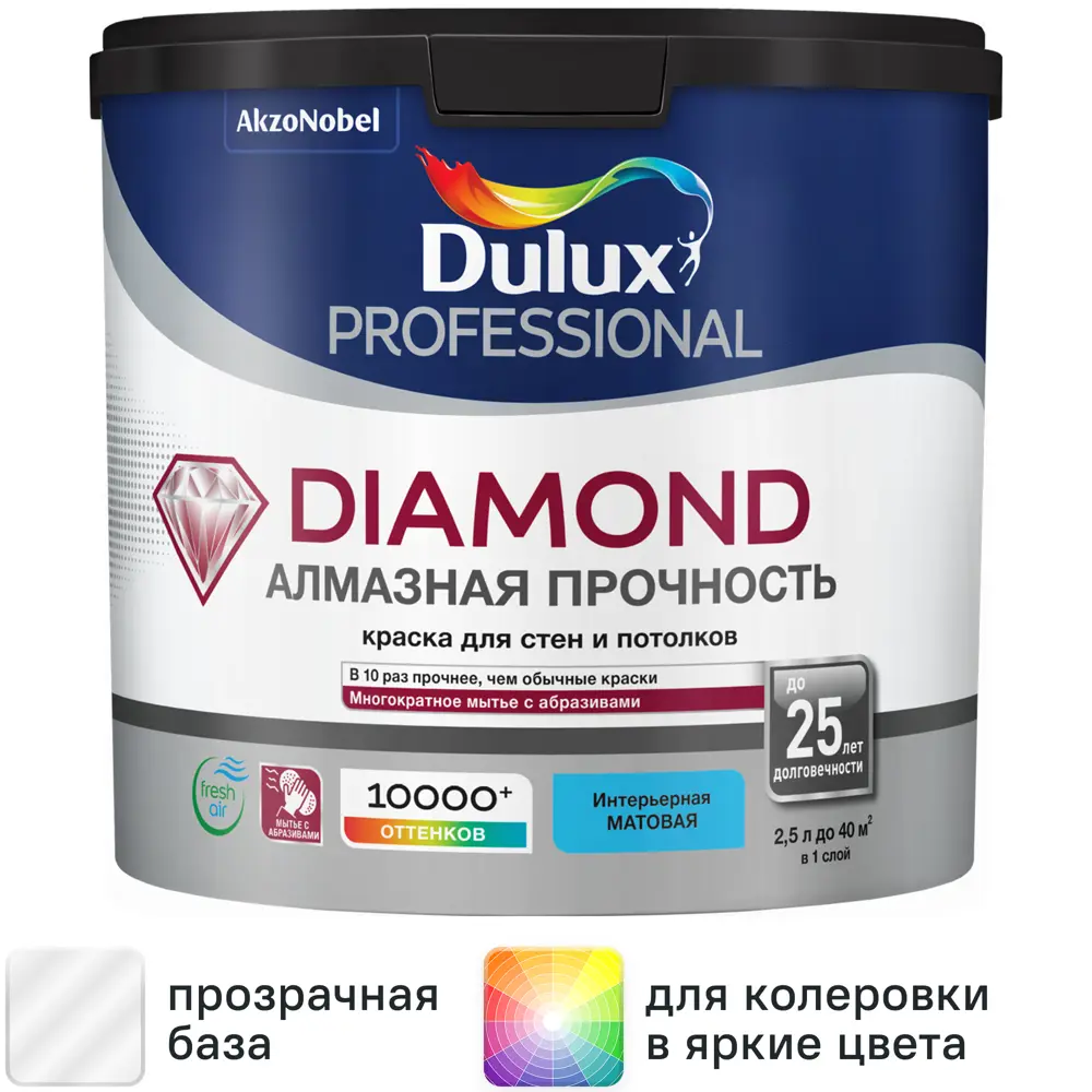 Фото Краска для стен и потолков Dulux Professional Diamond Matt матовая база BC прозрачная 2.25 л Фото Краска для стен и потолков Dulux Professional Diamond Matt матовая база BC прозрачная 2.25 л