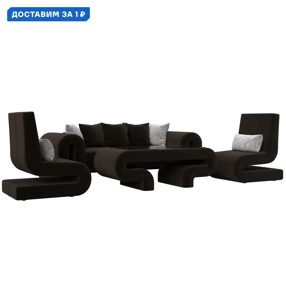 Фото Набор Волна-2 стол/диван/2 кресла Лига диванов 115691 370x80x149 см микровельвет/велюр цвет коричневый/серый Фото Набор Волна-2 стол/диван/2 кресла Лига диванов 115691 370x80x149 см микровельвет/велюр цвет коричневый/серый