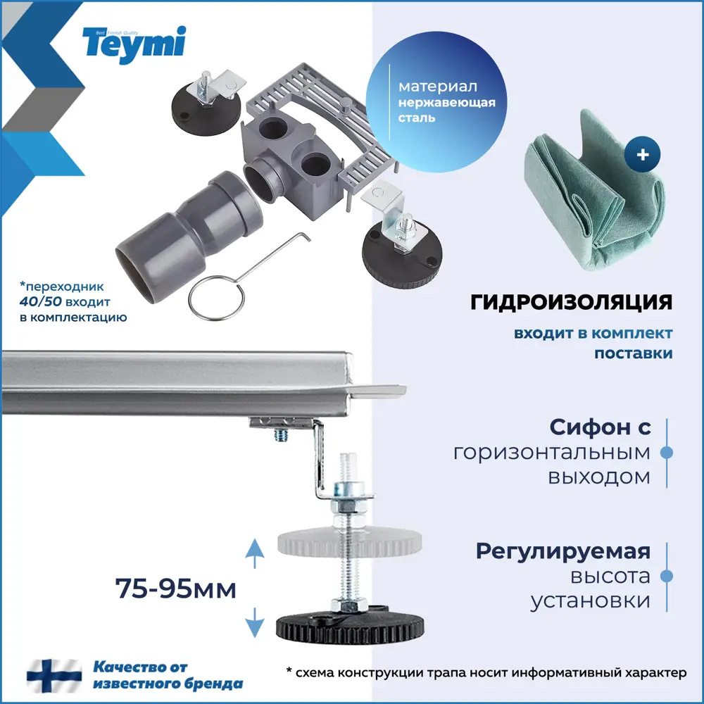 Фото 5 Трап для душа Teymi T90371 комбинированный затвор 44x11 см нержавеющая сталь