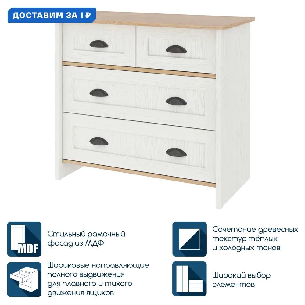 Фото Комод Beneli Тифани 4 ящика 91х48х81.5 см дсп цвет белый Фото Комод Beneli Тифани 4 ящика 91х48х81.5 см дсп цвет белый
