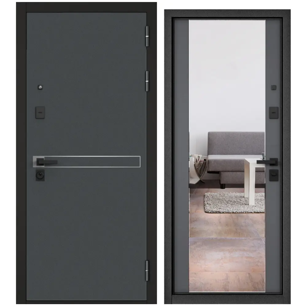 Фото Входная дверь Mastino City prime правый 205x88см цвет черный муар металлик/оскуро с зеркалом Фото Входная дверь Mastino City prime правый 205x88см цвет черный муар металлик/оскуро с зеркалом