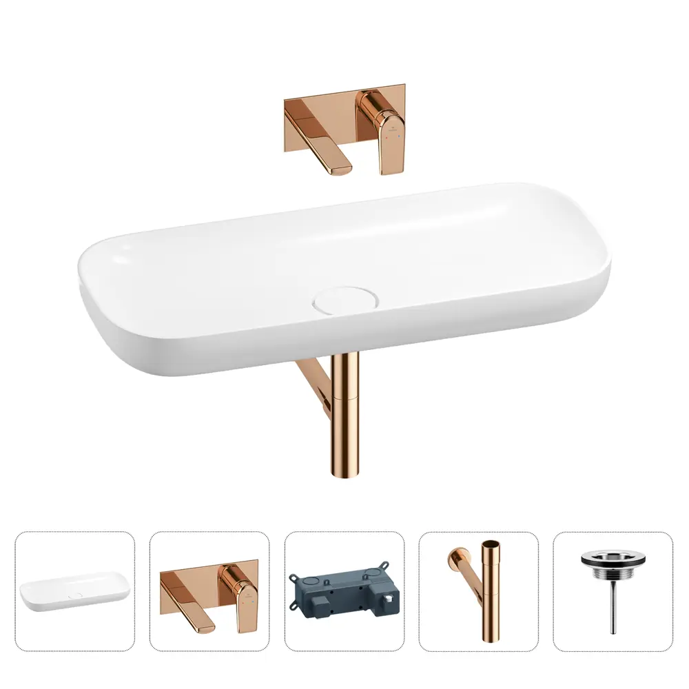 Фото Раковина для ванной Wellsee Croquis 201002029 в наборе 4 в 1: раковина белая глянцевая, встраиваемый смеситель, сифон