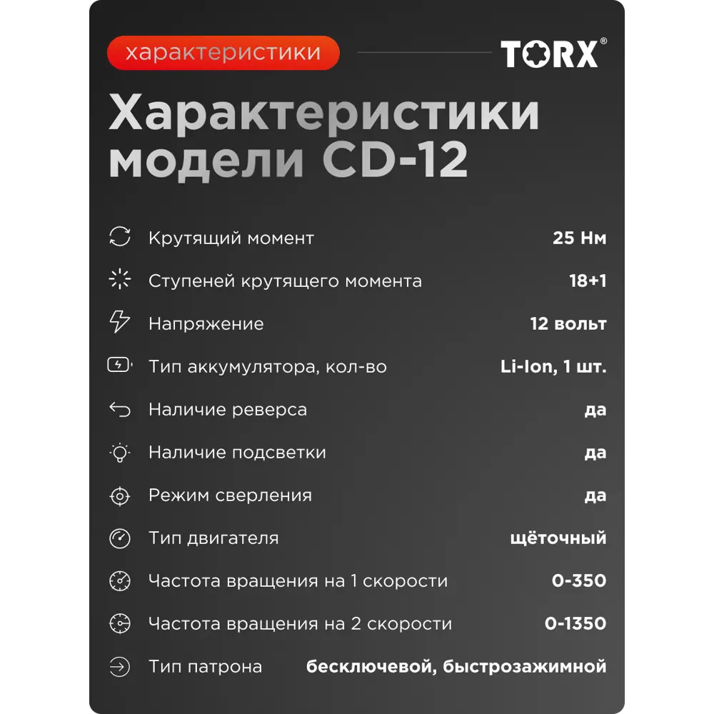 Фото 3 Дрель-шуруповерт аккумуляторная Torx CD-12, 9310212, 12 В Li-Ion 1x1.5 Ач Фото 3 Дрель-шуруповерт аккумуляторная Torx CD-12, 9310212, 12 В Li-Ion 1x1.5 Ач