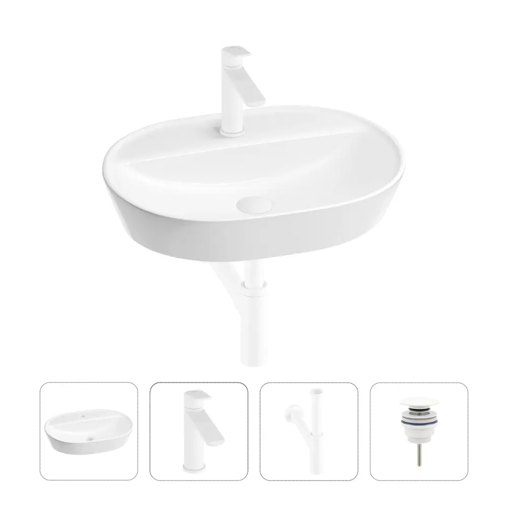 Фото Раковина для ванной Wellsee Calin 201001860 в наборе 4 в 1: раковина белая глянцевая, смеситель, донный клапан Фото Раковина для ванной Wellsee Calin 201001860 в наборе 4 в 1: раковина белая глянцевая, смеситель, донный клапан
