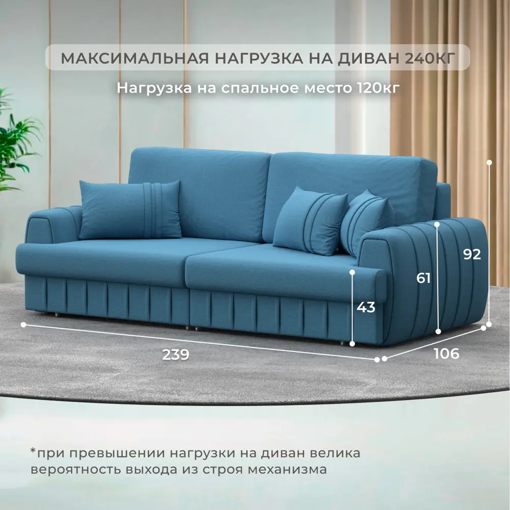 Фото 4 Диван прямой Лига-057 НПБ Лига диванов 129208 239x92x106 см рогожка цвет амур 10 голубой