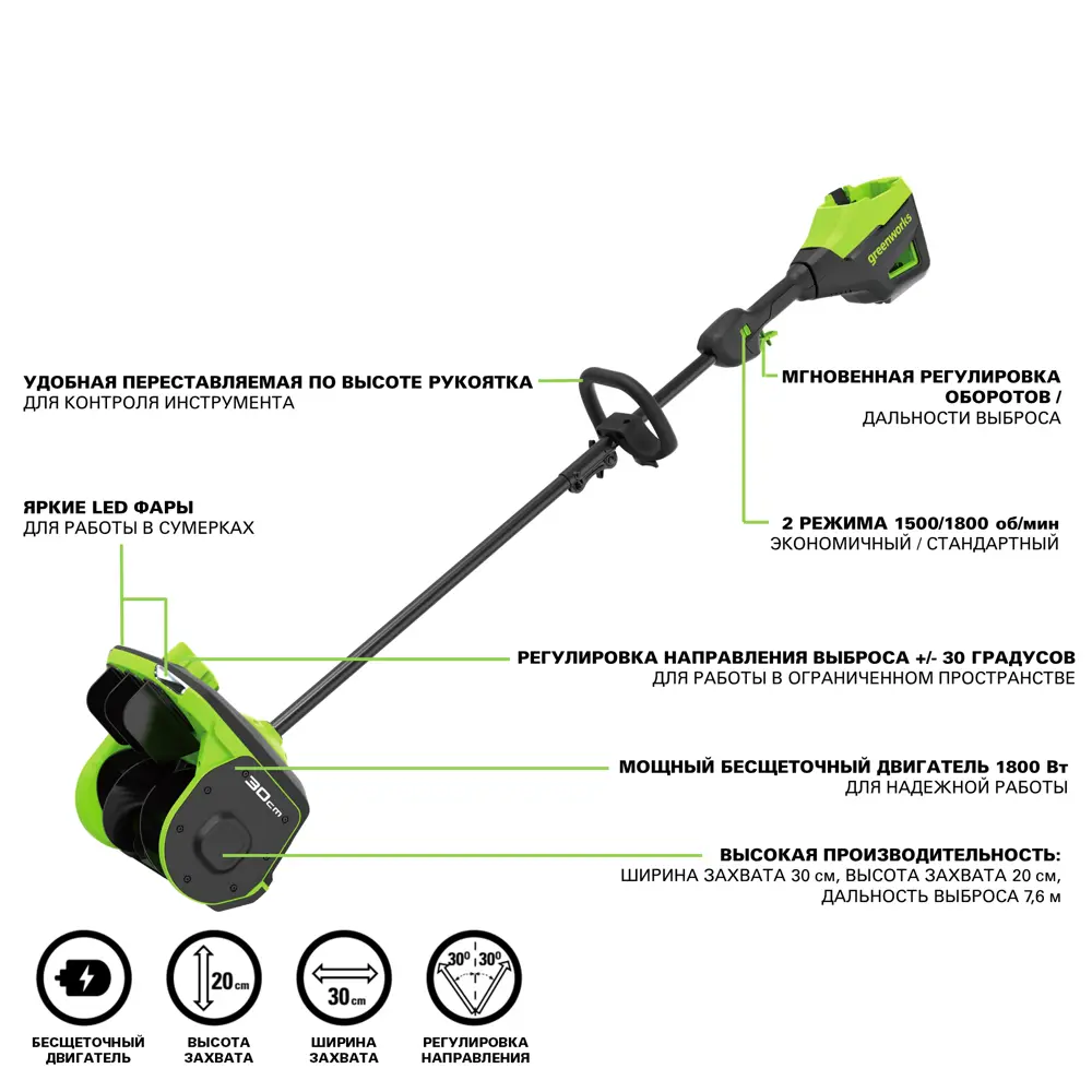 Фото 9 Снегоуборщик аккумуляторный Greenworks GD60SS2 30 см 60 В АКБ и ЗУ не входит в комплект Фото 9 Снегоуборщик аккумуляторный Greenworks GD60SS2 30 см 60 В АКБ и ЗУ не входит в комплект