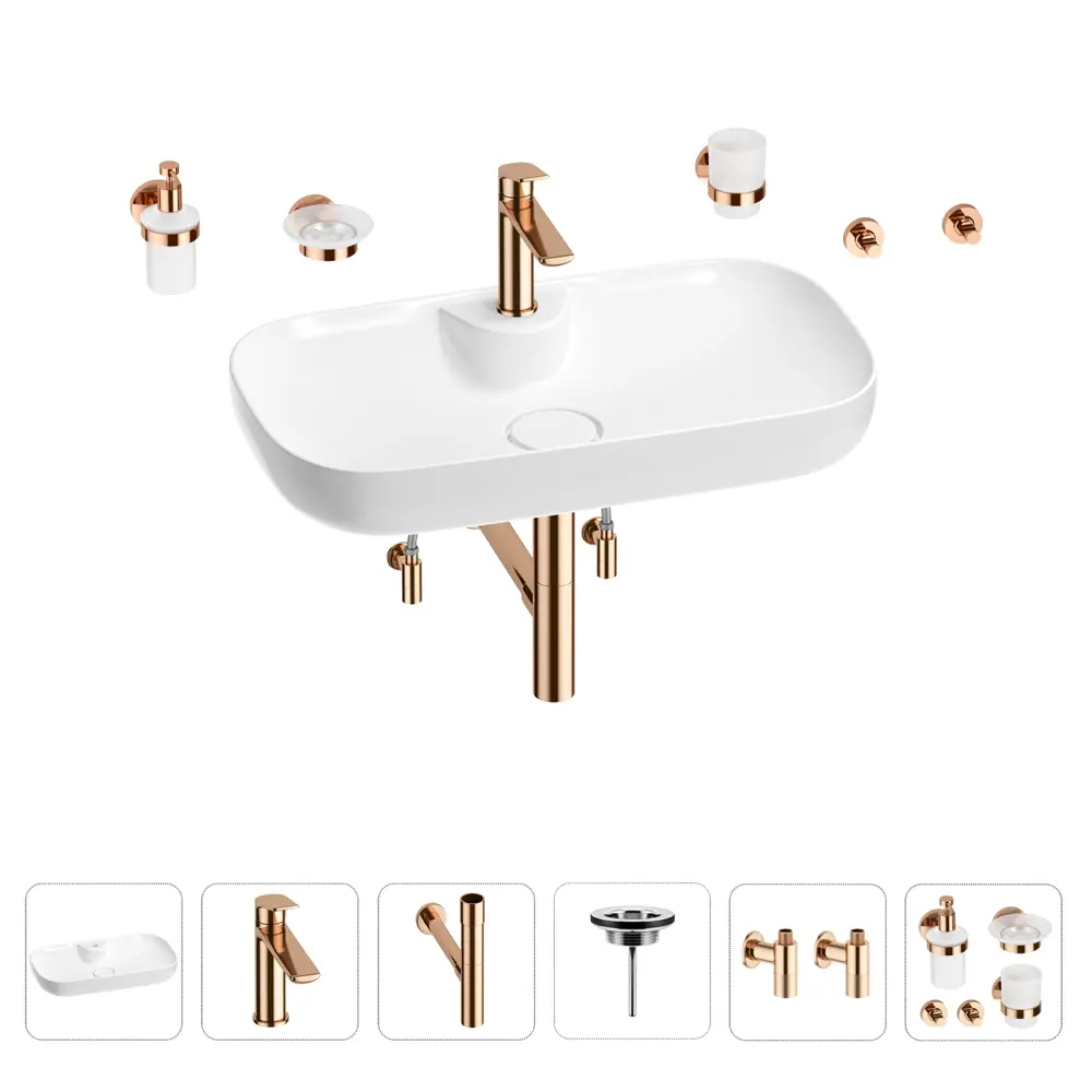 Фото Раковина для ванной Wellsee Croquis 2.0 201005899 в наборе 9 в 1: раковина белая глянцевая, смеситель, сифон, вентили