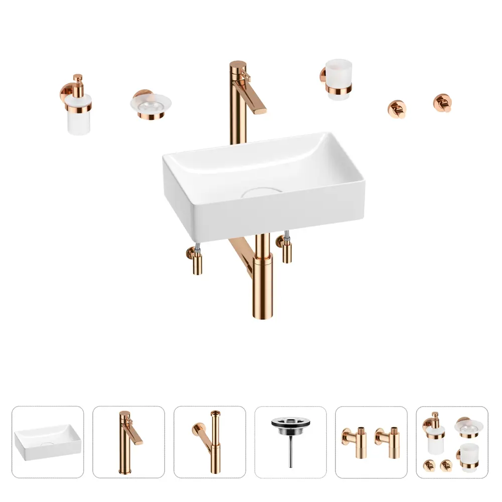 Фото Раковина для ванной Wellsee Pure BY Wellsee 201006324 в наборе 9 в 1: раковина белая глянцевая, высокий смеситель, сифон